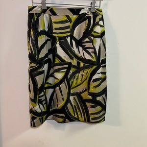 212 Collection Abstract Leaf Print Pencil Skirt Chartreuse & Black Leaf Pattern
